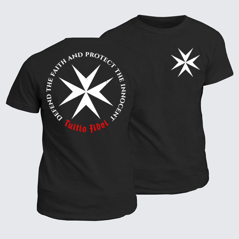 Classic Cotton Tee - Defend the Faith, Protect the Innocent Christian Knighti – Tuitio Fide - Black (front and back)