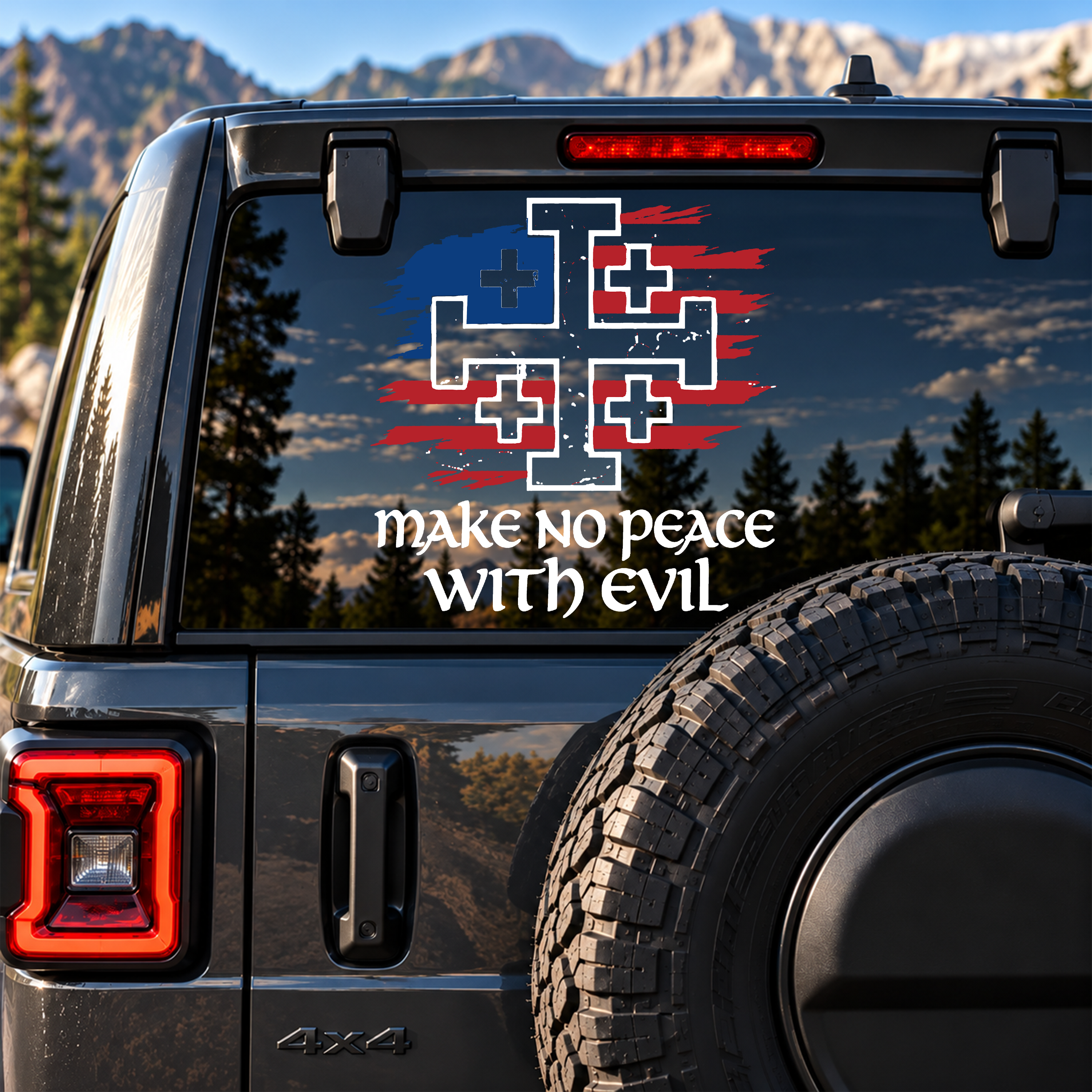 Car & Truck Vinyl Decals  - Make No Peace with Evil Jerusalem Cross United States Flag 