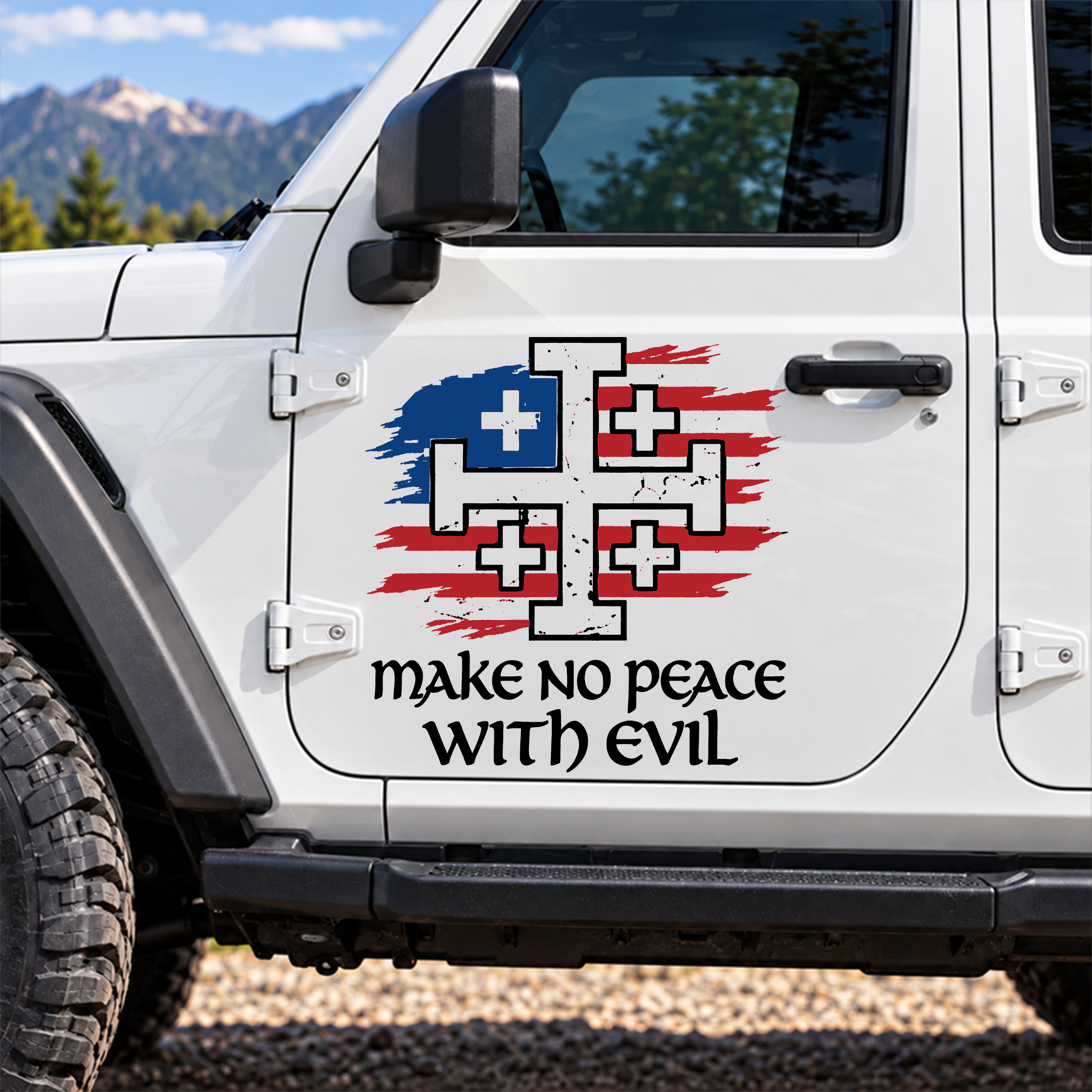 Car & Truck Vinyl Decals  - Make No Peace with Evil Jerusalem Cross United States Flag 