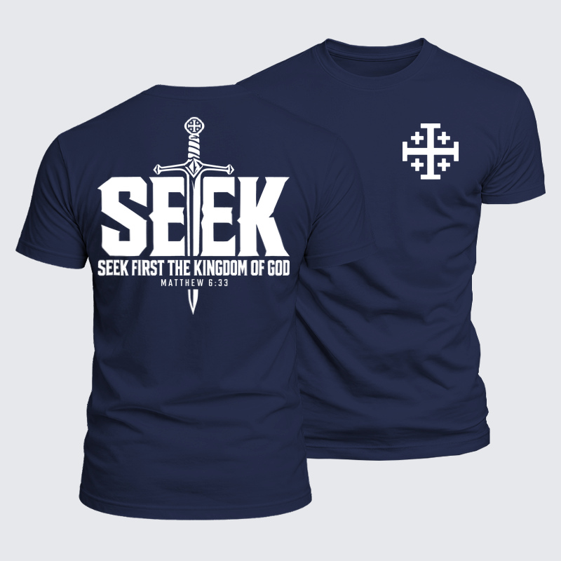 Luxe Mercerized Cotton Tee - Seek First the Kingdom of God – Matthew 6:33 - Navy Blue (front and back)