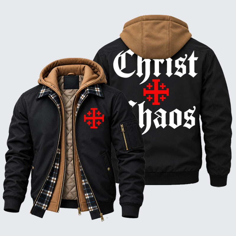 Hooded Bomber Jacket - Christ Or Chaos Jerusalem Cross - Black