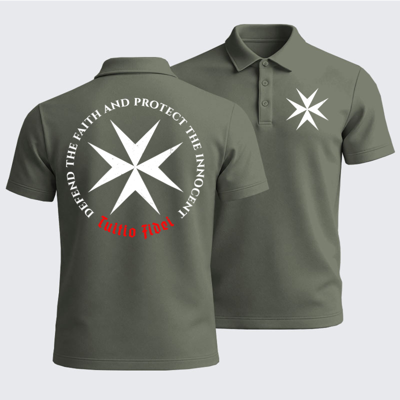 Men’s Premium Cotton Polo Shirt - Defend the Faith, Protect the Innocent Christian Knighti – Tuitio Fide - Grey Green (front and back)