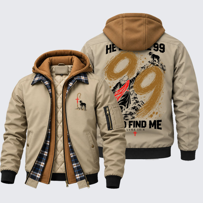 Hooded Bomber Jacket - He Left The 99 - Lost Sheep Cross - Khaki (front and back)