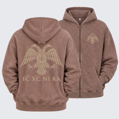 Washed Zip-Up Hoodie - IC XC NIKA – Chi-Rho Double-Headed Eagle - Coffee (front and back)