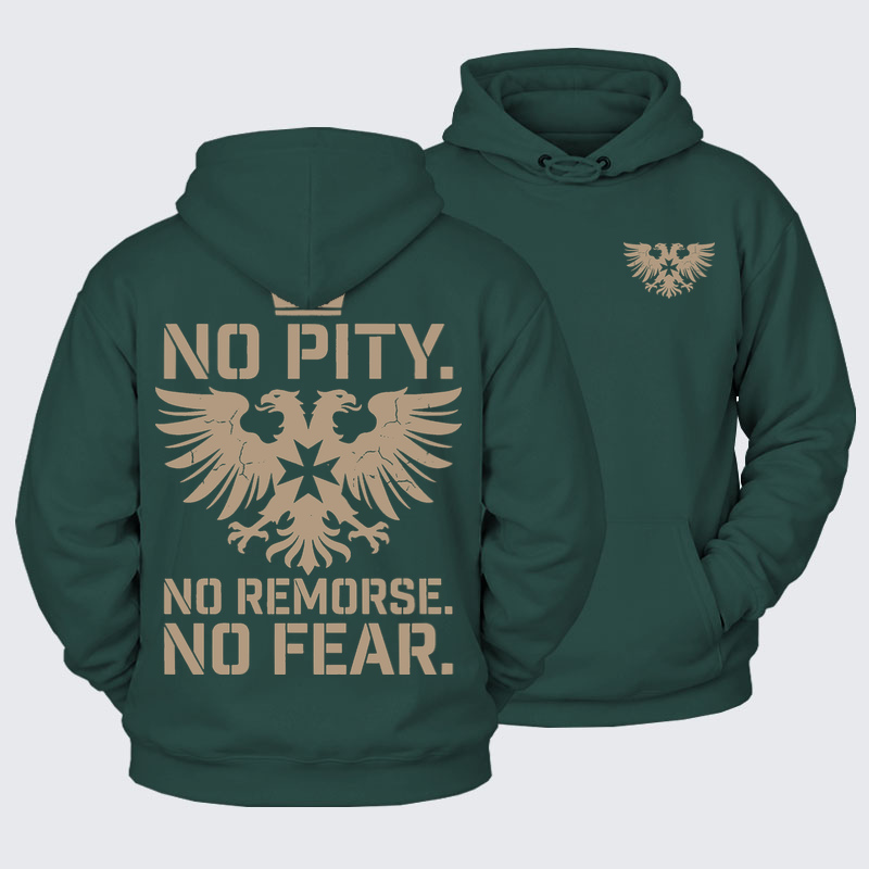 Plush Fleece-Lined Hoodie - No Pity No Remorse No Fear - Eden Green (front and back)