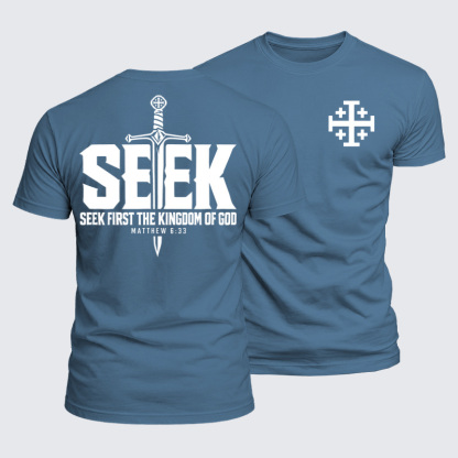 Luxe Mercerized Cotton Tee - Seek First the Kingdom of God – Matthew 6:33 - Ocean Blue (front and back)