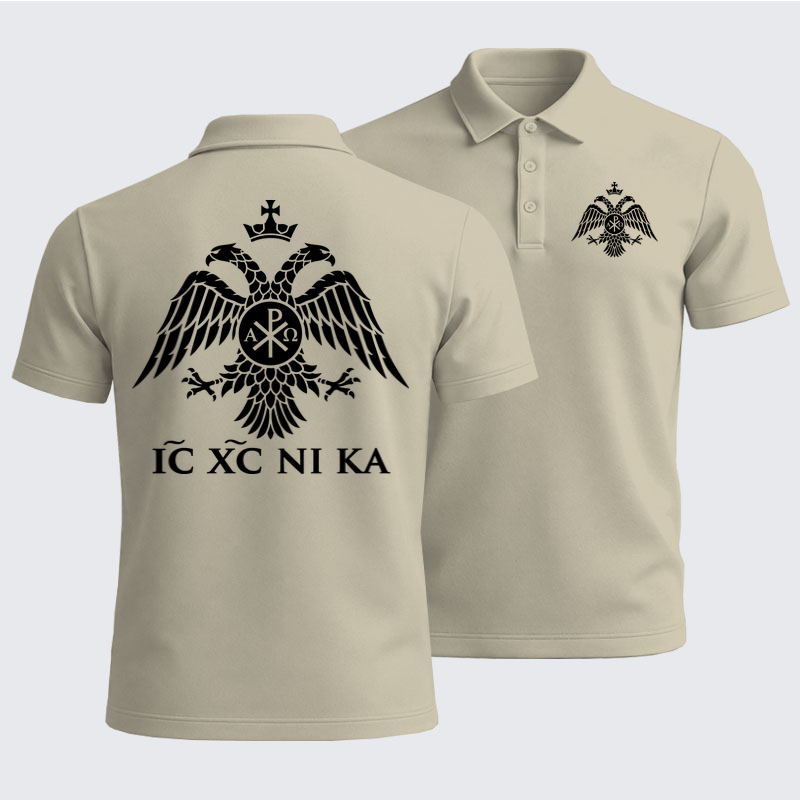 Men’s Premium Cotton Polo Shirt - IC XC NIKA – Chi-Rho Double-Headed Eagle - Apricot (front and back)