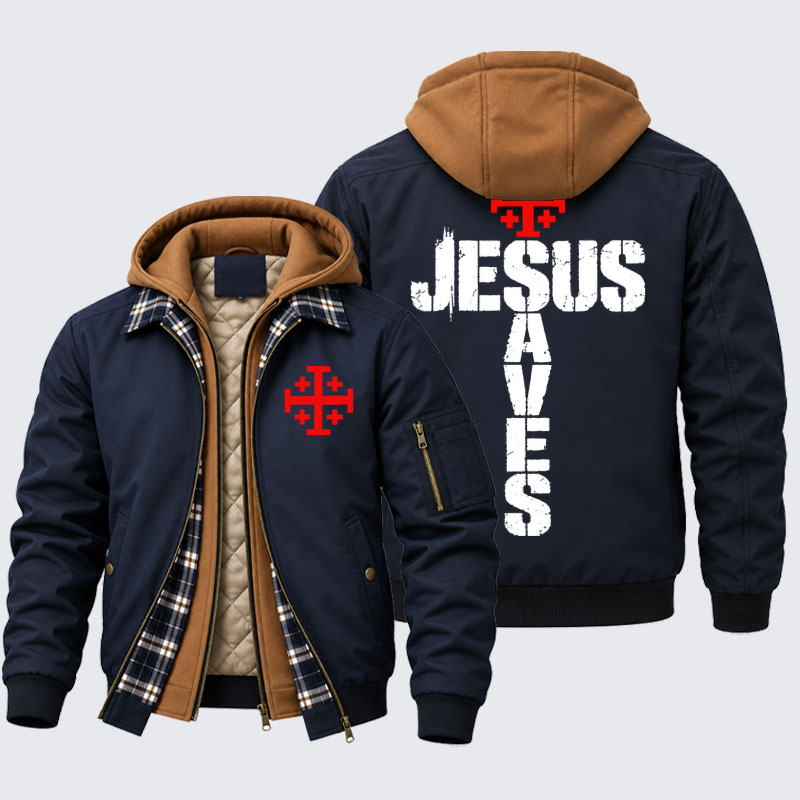 Hooded Bomber Jacket - Jesus Saves Jerusalem Cross - Navy (front and back)