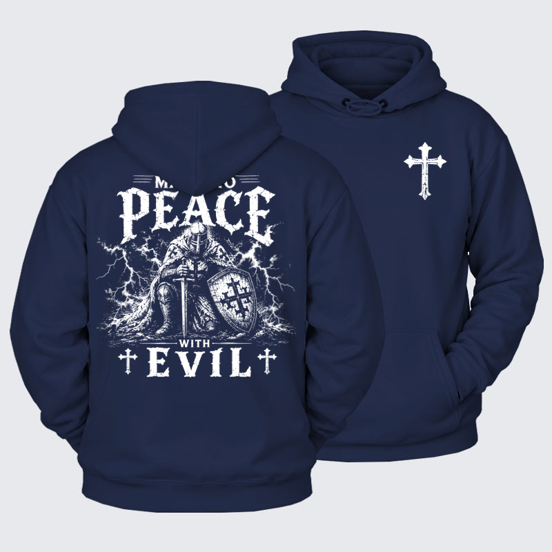 Plush Fleece-Lined Hoodie - Make No Peace With Evil - Navy Blue (front and back)