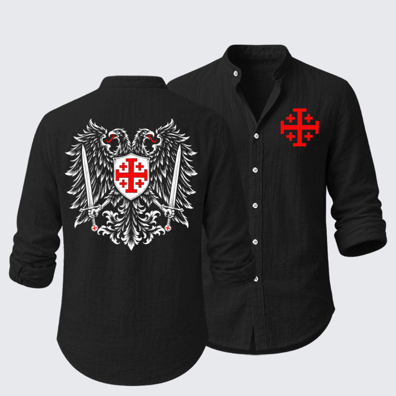 Long Sleeve Casual Shirt - Jerusalem Cross – Christian Double-Headed Eagle Warrior - Black (front and back)
