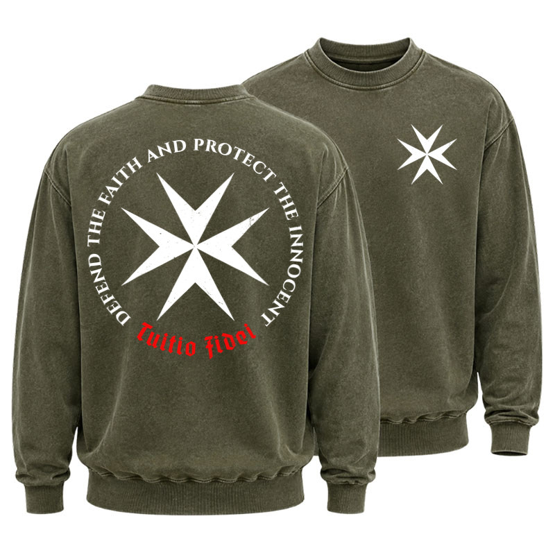 Washed Sweatshirt - Defend the Faith, Protect the Innocent Christian Knighti – Tuitio Fide - Army Green (front and back)