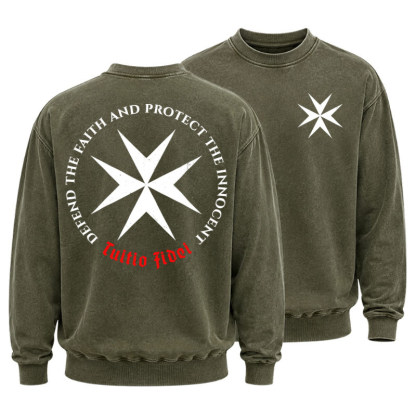Washed Sweatshirt - Defend the Faith, Protect the Innocent Christian Knighti – Tuitio Fide - Army Green (front and back)