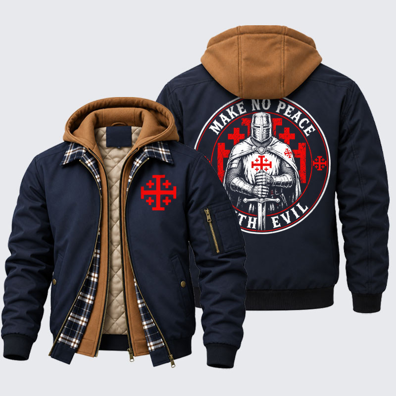 Hooded Bomber Jacket - Make No Peace with Evil Knight Templar Jerusalem Cross