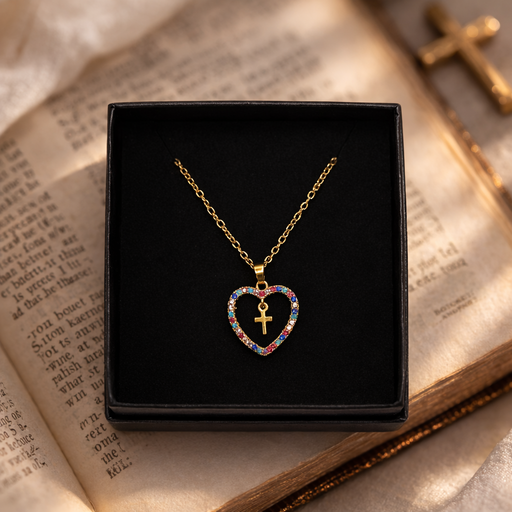 Colored Zircon Geometric Cross Heart Necklace