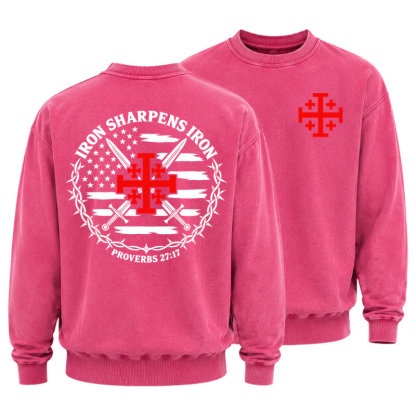 Washed Sweatshirt - Iron Sharpens Iron – Jerusalem Cross & American Flag - Pink (front and back)