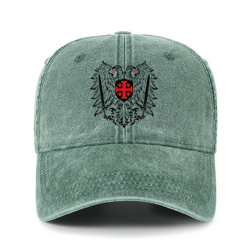 Heritage Washed Cap - Jerusalem Cross – Christian Double-Headed Eagle Warrior - Dark Green (front)