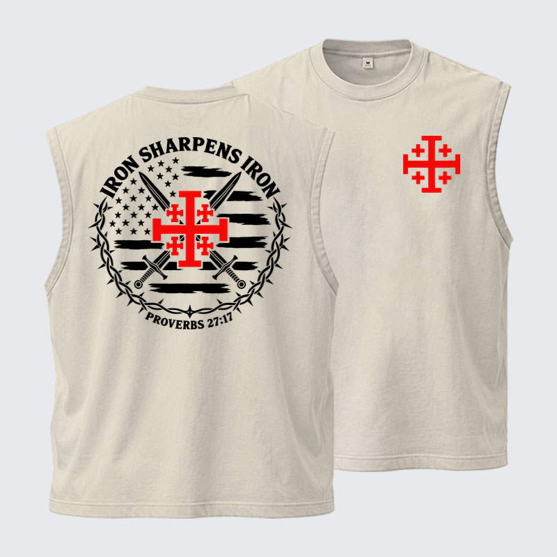 Washed Tank Top - Iron Sharpens Iron – Jerusalem Cross & American Flag - Beige (front and back)