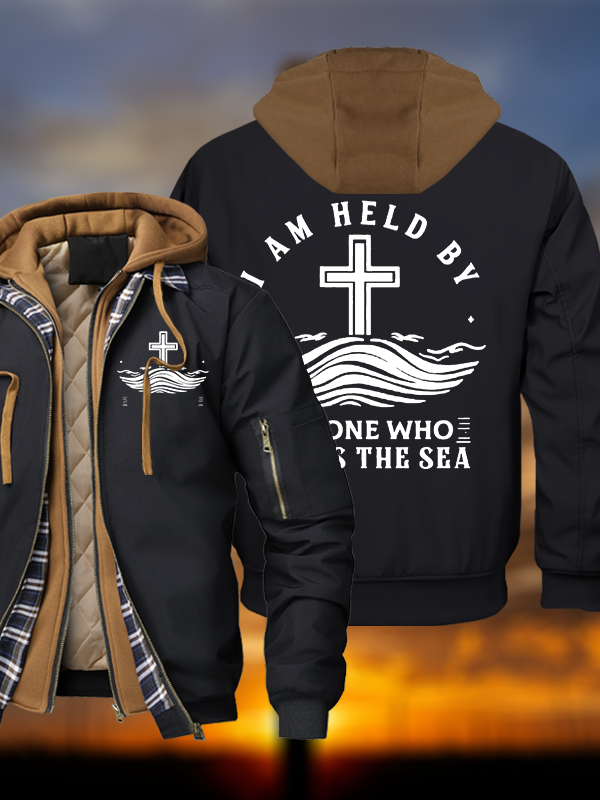 I Am Held By Jesus Who Calms The Sea Warm Hooded Bomber Jacket