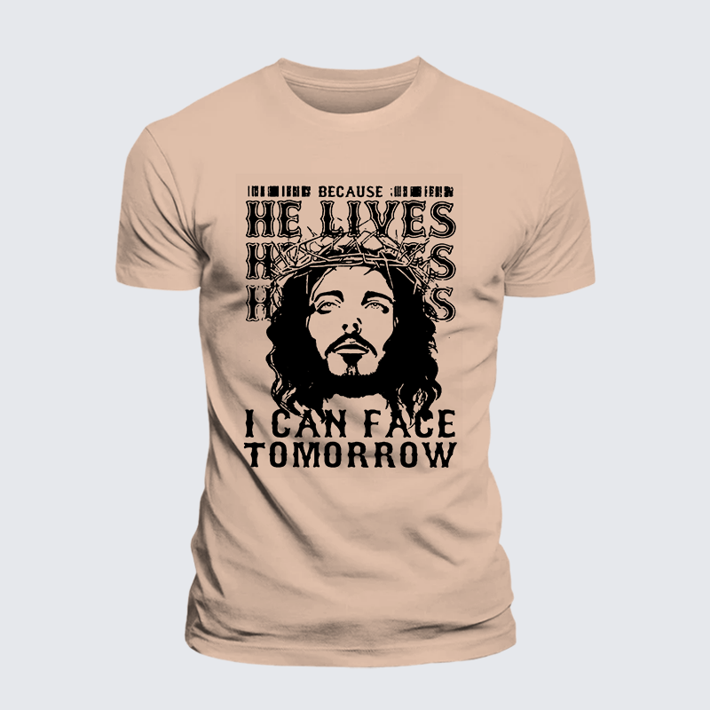 Because He Lives Jesus God Christian Premium Mercerized Cotton Tee