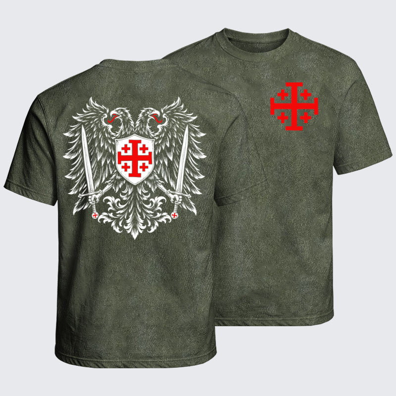 Washed T-Shirt - Jerusalem Cross – Christian Double-Headed Eagle Warrior - Army Green (front and back)
