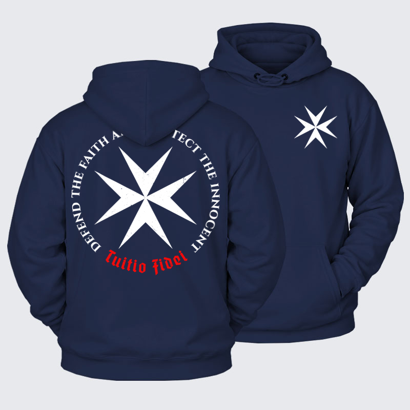 Plush Fleece-Lined Hoodie - Defend the Faith, Protect the Innocent Christian Knighti – Tuitio Fide - Navy Blue (front and back)