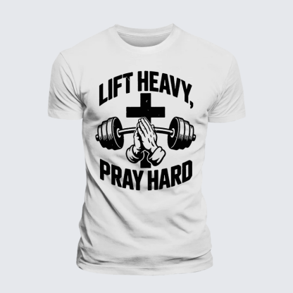 Lift Heavy Pray Hard Jesus God Christian Premium Mercerized Cotton Tee