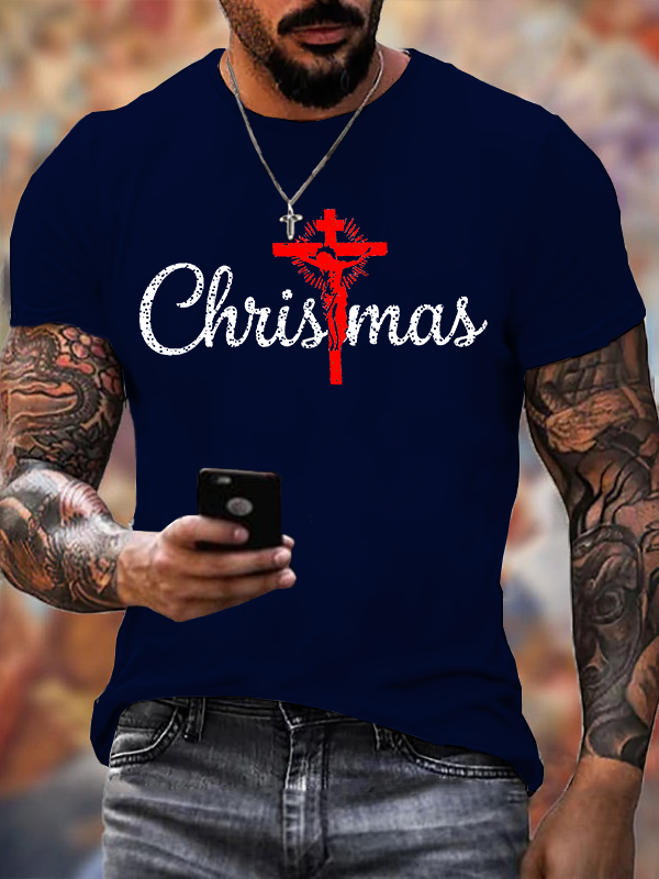 Retro Christmas Cross Jesus God Christian Cotton T-Shirt