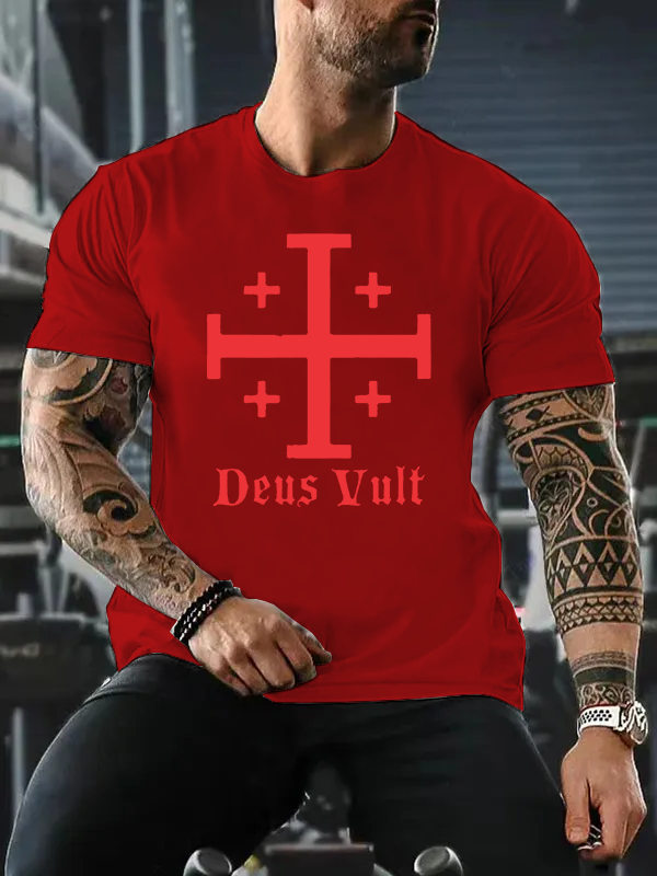 Jerusalem Cross Deus Vult Jesus God Christian Cotton T-Shirt