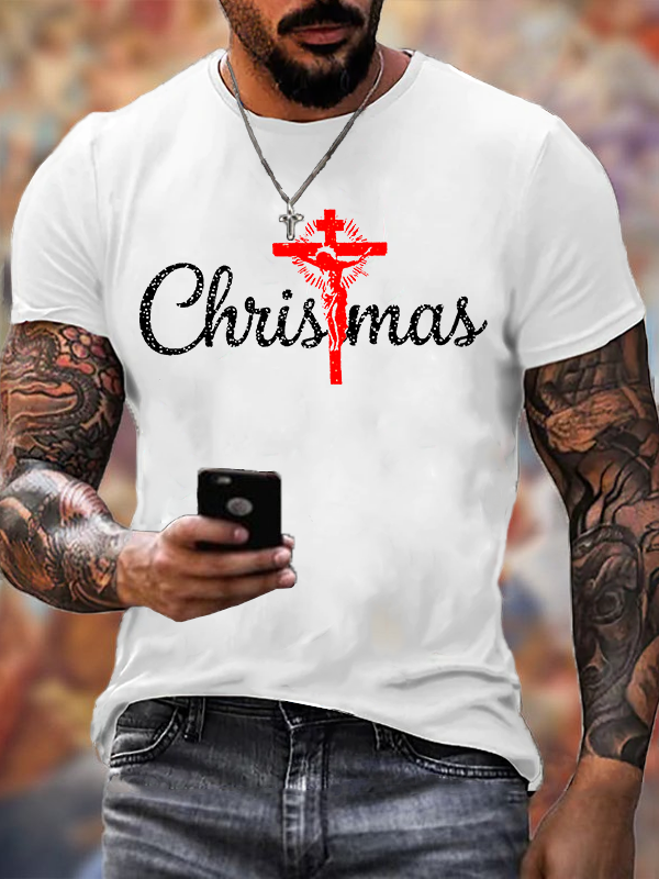 Retro Christmas Cross Jesus God Christian Cotton T-Shirt