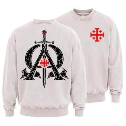 Washed Sweatshirt - Alpha & Omega – Revelation 22:13 Christian Warrior - Beige (front and back)
