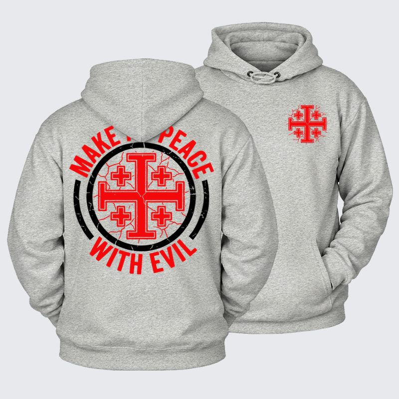 Plush Fleece-Lined Hoodie - Make No Peace with Evil Knight Templar Jerusalem Cross - Light Heather Gray (front and back)
