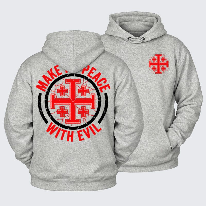 Plush Fleece-Lined Hoodie - Make No Peace with Evil Knight Templar Jerusalem Cross - Light Heather Gray (front and back)
