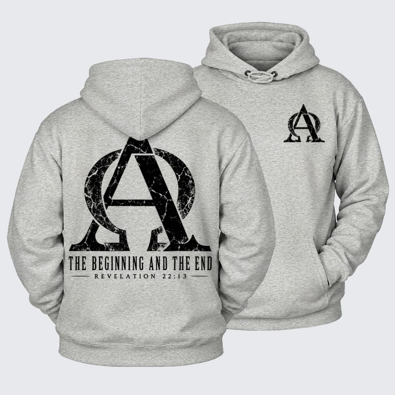 Plush Fleece-Lined Hoodie - Alpha & Omega – The Beginning and the End - Light Heather Gray (front and back)