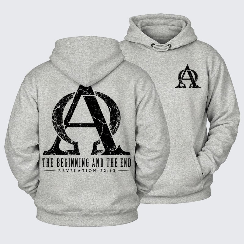 Plush Fleece-Lined Hoodie - Alpha & Omega – The Beginning and the End - Light Heather Gray (front and back)