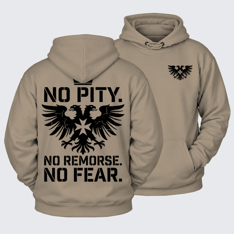 Plush Fleece-Lined Hoodie - No Pity No Remorse No Fear - Gray Coffee (front and back)