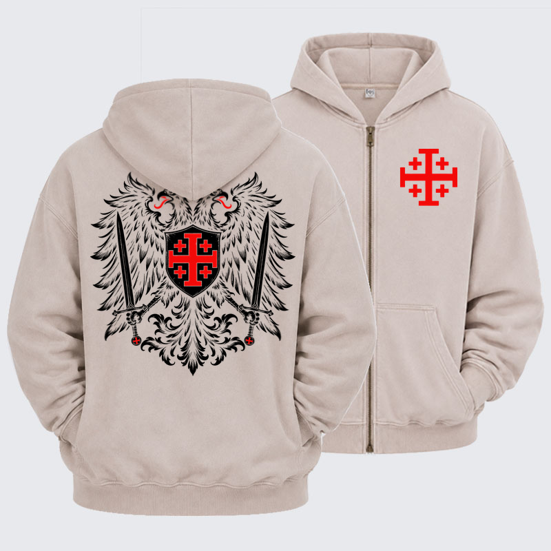 Washed Zip-Up Hoodie - Jerusalem Cross – Christian Double-Headed Eagle Warrior - Beige (front and back)
