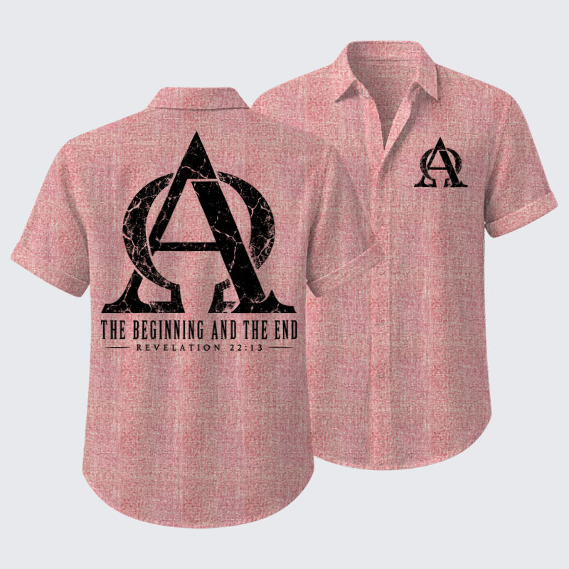 Short Sleeve Casual Shirt - Alpha & Omega – The Beginning and the End - Pink (front and back)