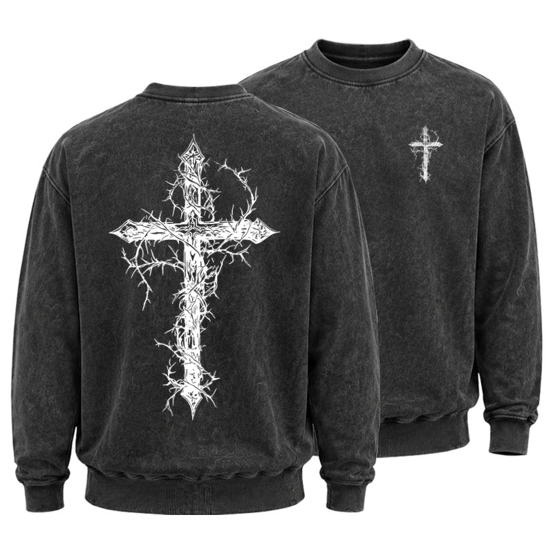 Washed Sweatshirt - Cross - Black (front and back)