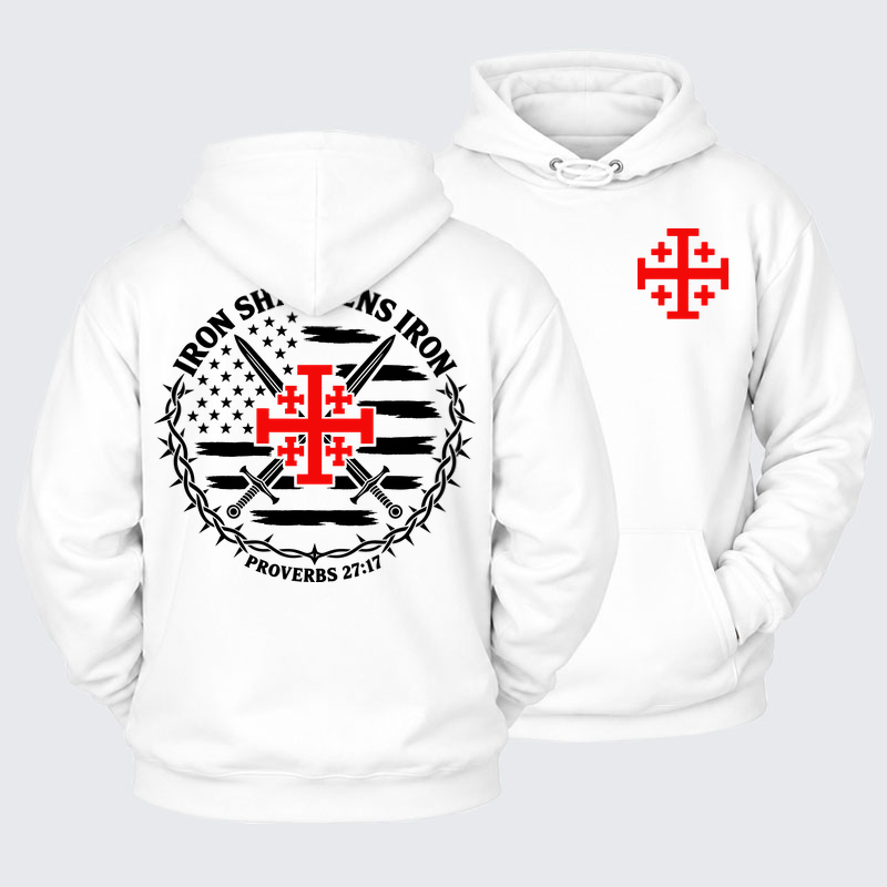Plush Fleece-Lined Hoodie - Iron Sharpens Iron – Jerusalem Cross & American Flag - White (front and back)