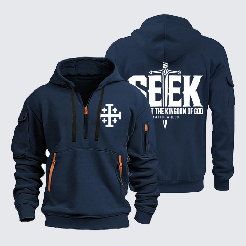 Zipper Hoodies - Seek First the Kingdom of God – Matthew 6:33 - Navy (front and back)