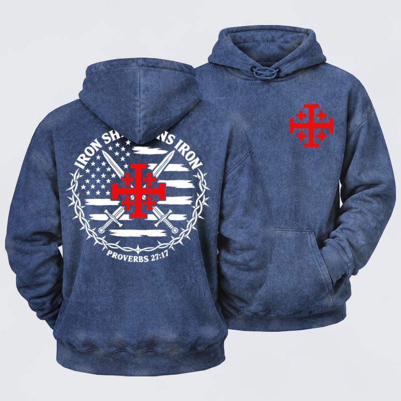 Washed Hoodie - Iron Sharpens Iron – Jerusalem Cross & American Flag - Navy Blue (front and back)