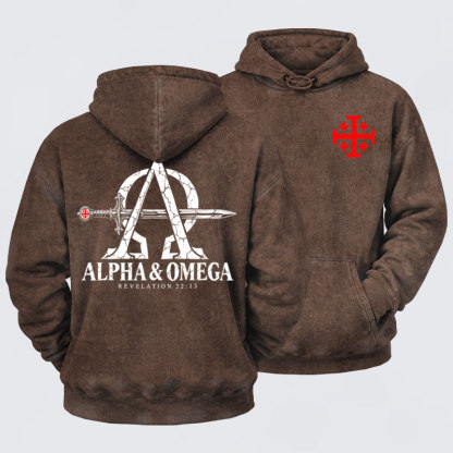 Washed Hoodie  - Alpha & Omega – Revelation 22:13 Christian Warrior