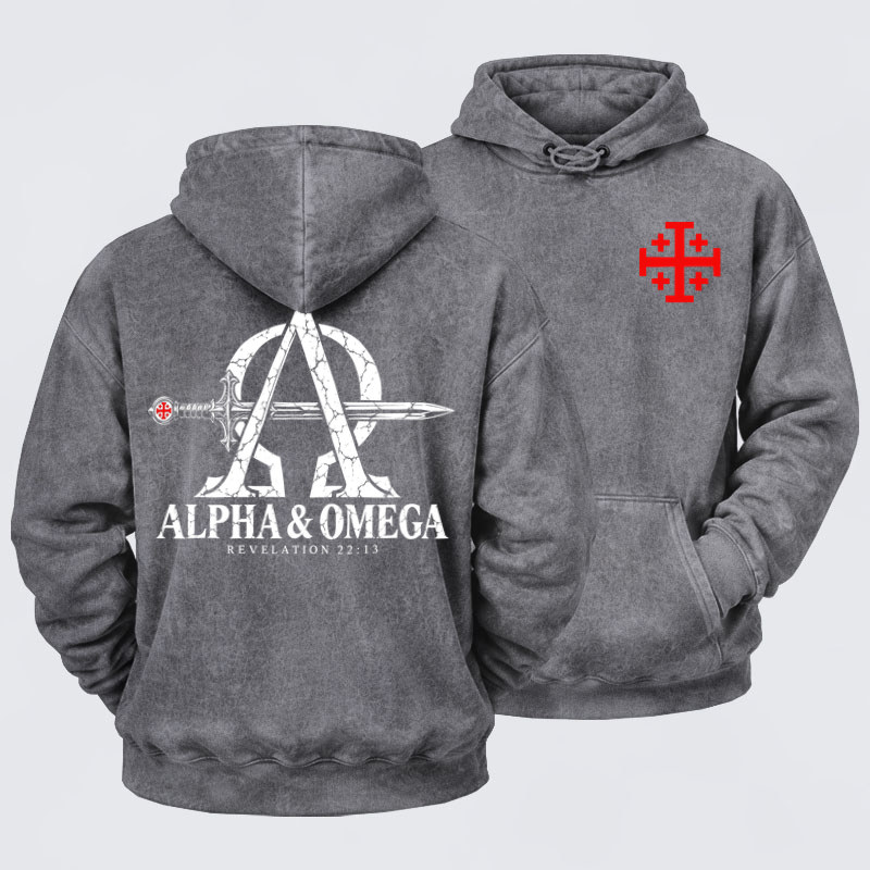 Washed Hoodie  - Alpha & Omega – Revelation 22:13 Christian Warrior