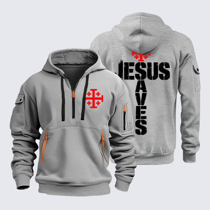 Zipper Hoodies - Jesus Saves Jerusalem Cross - Light Gray (front and back)