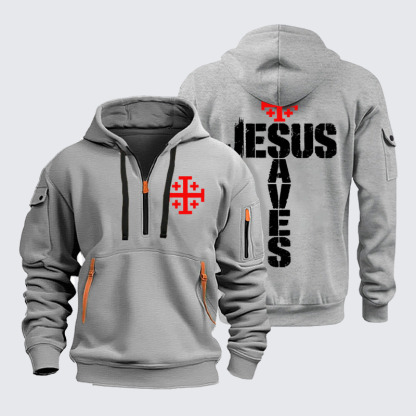 Zipper Hoodies - Jesus Saves Jerusalem Cross - Light Gray (front and back)