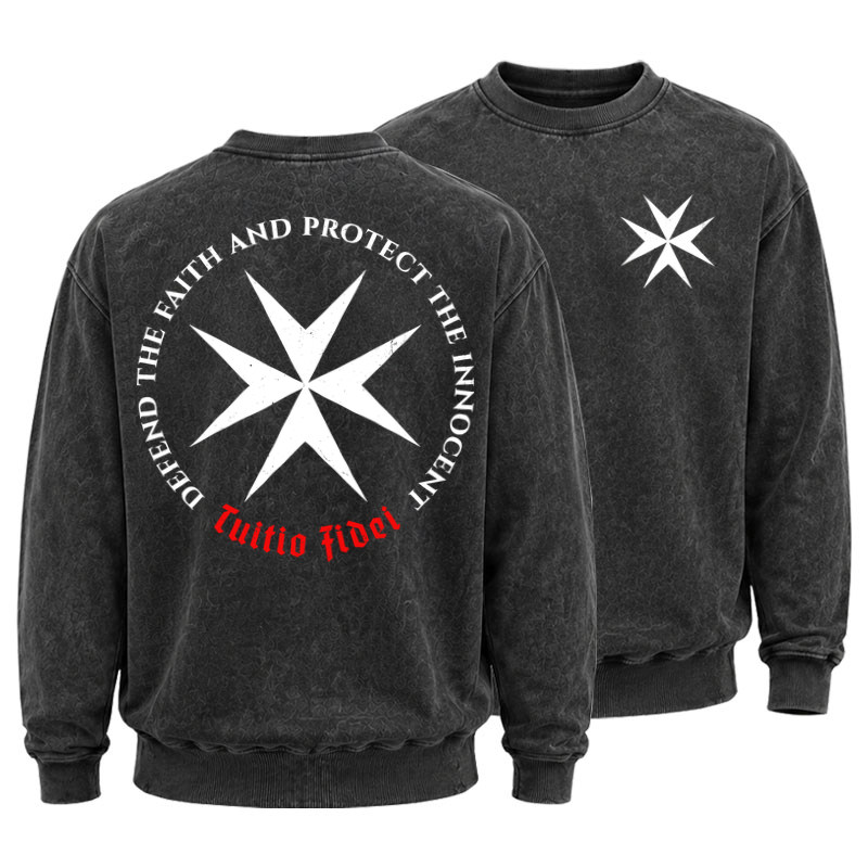Washed Sweatshirt - Defend the Faith, Protect the Innocent Christian Knighti – Tuitio Fide - Black (front and back)
