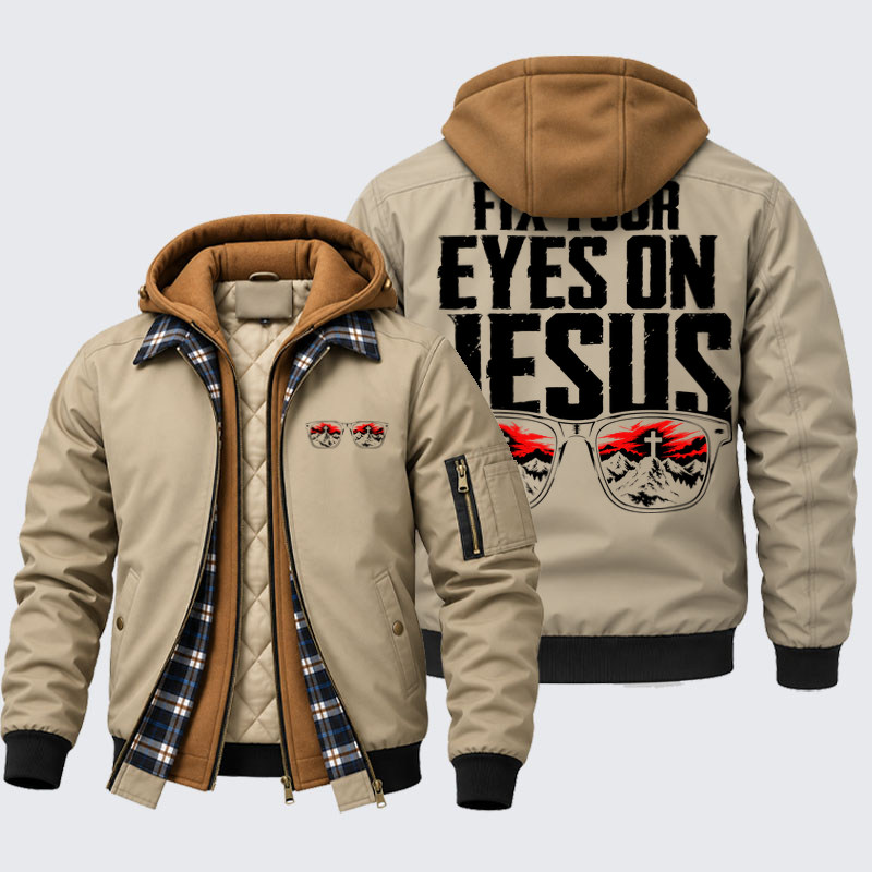 Hooded Bomber Jacket - Fix Your Eyes on Jesus - Khaki (front and back)