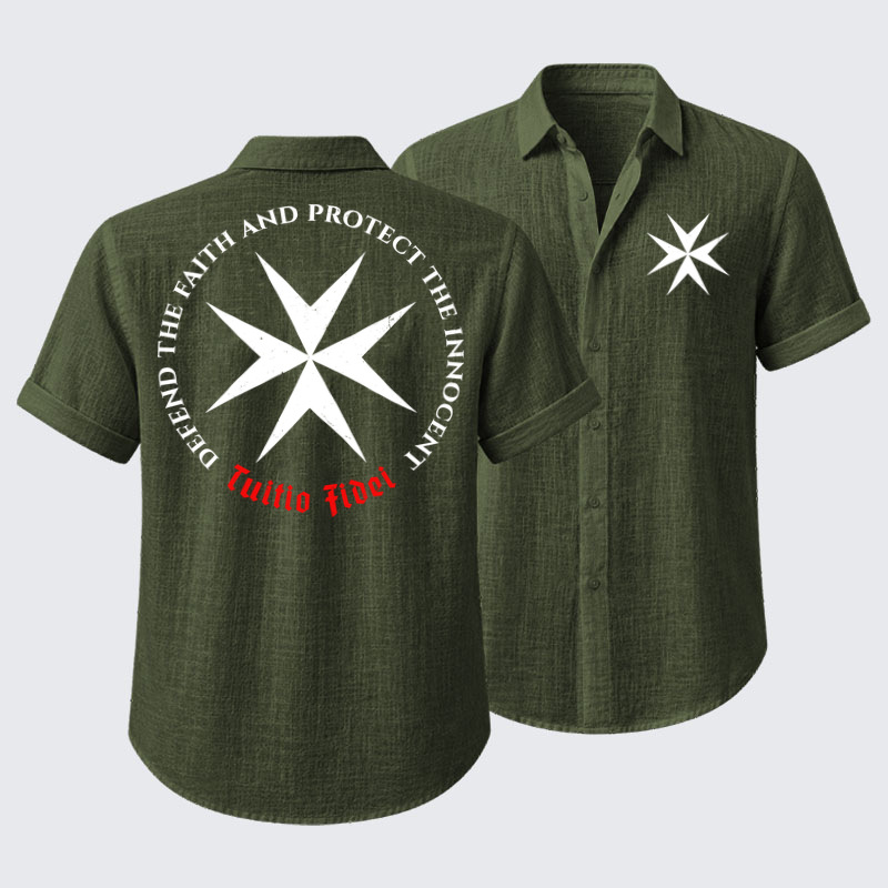 Short Sleeve Casual Shirt - Defend the Faith, Protect the Innocent Christian Knighti – Tuitio Fide - Green (front and back)