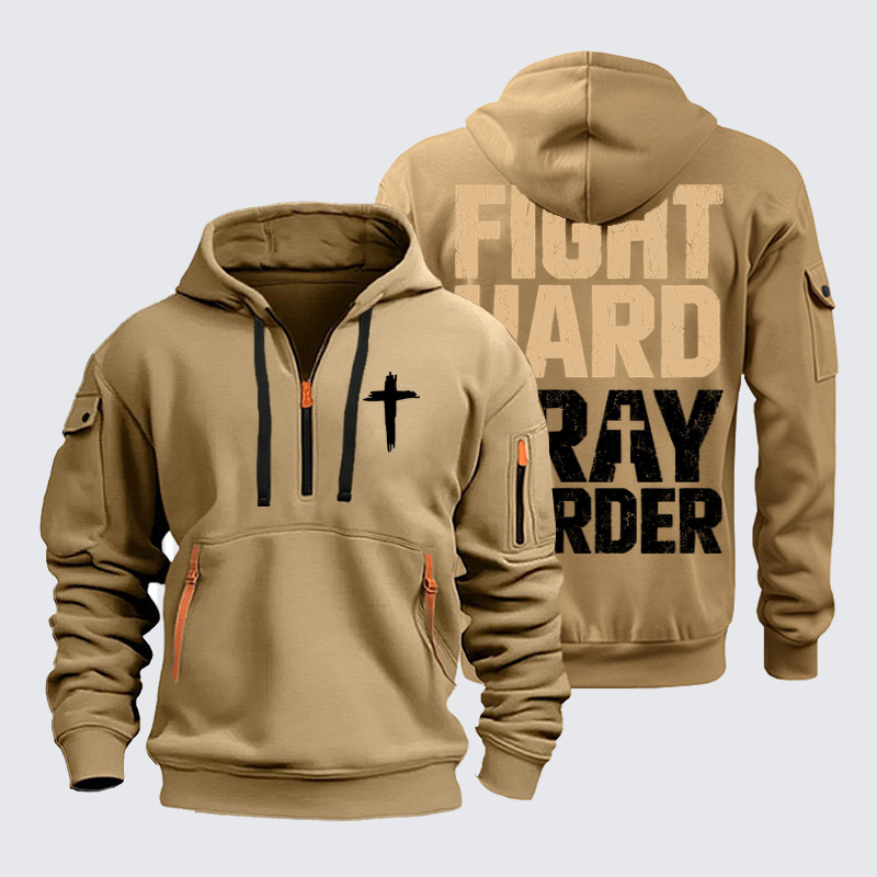 Zipper Hoodies - Fight Hard Pray Harder - Khaki (front and back)