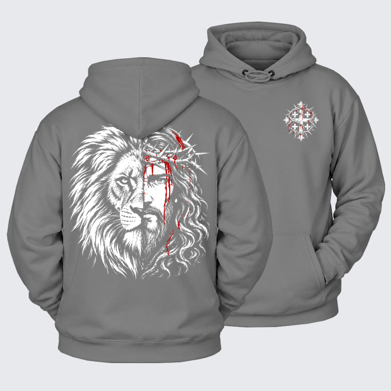 Plush Fleece-Lined Hoodie - Lion of Judah & Jesus – Crown of Thorns - Ash Gray (front and back)